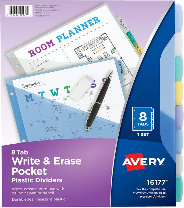 Avery 8-Tab Write &amp; Erase Pocket Dividers | Pastel Multicolor
